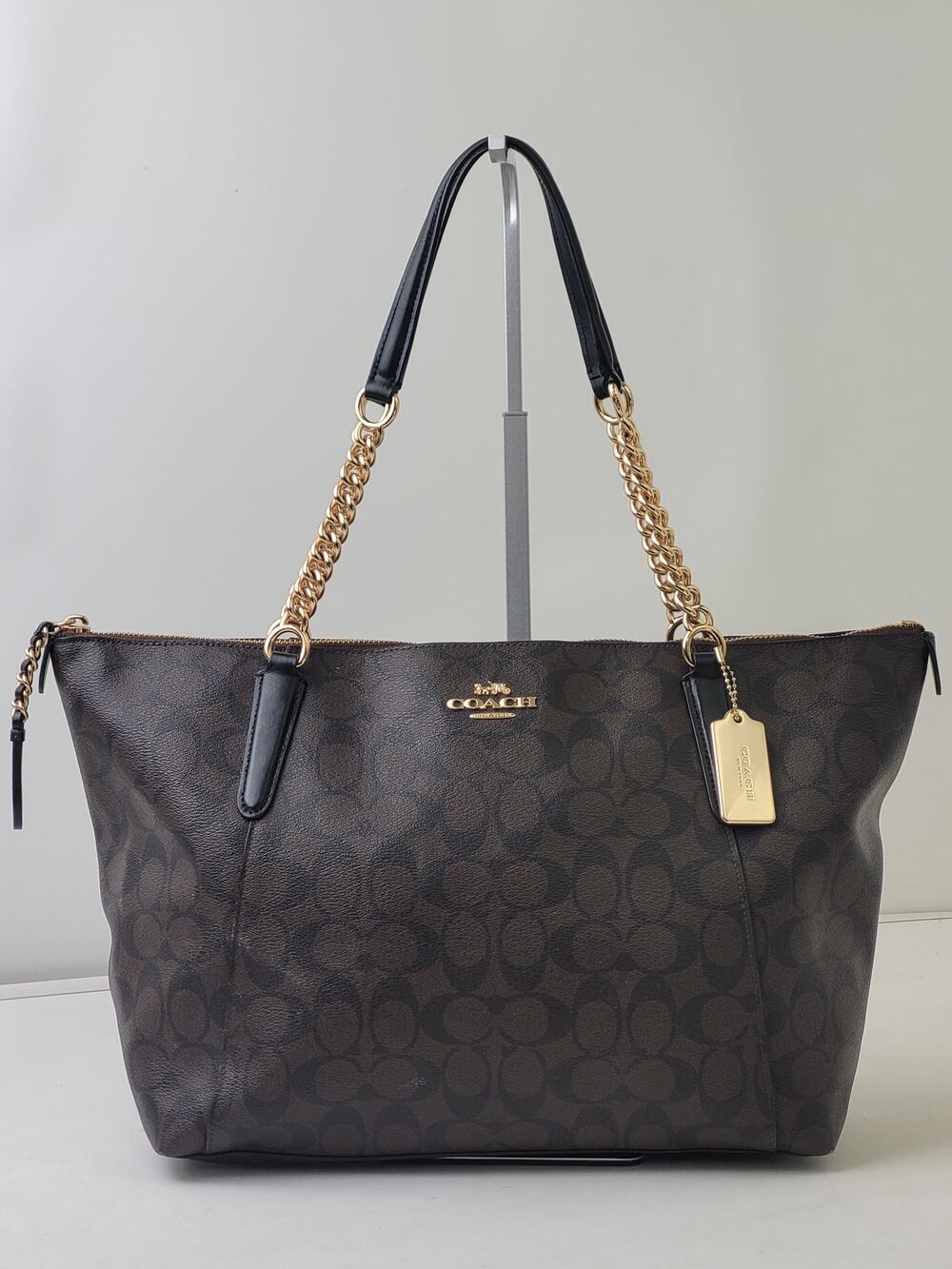 Coach Ava Chain Tote in Brown Monogram Coated Canvas Black Trim Gold Tone Chain